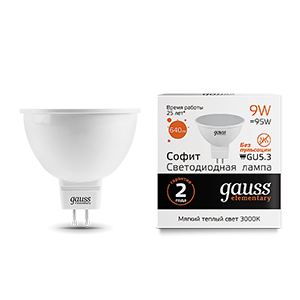 1Лампы (источники света) лампа светодиодная led 9вт gu5.3 220в 2700к elementary mr16 | 13519 | gauss выгодная цена
