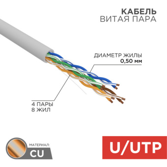 1Кабель витая пара (UTP, FTP) кабель utp 4pr 24awg, cu (медь), cat5e, 100 мгц, pvc, серый, бухта 50 м | 01-0043-50 | rexant выгодная цена