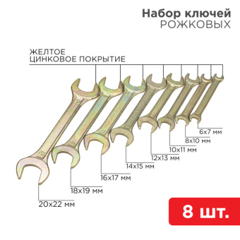 1Инструмент ручной набор ключей рожковых (6х7-20х22 мм), 8 шт., желтый цинк | 12-5844-2 | rexant выгодная цена