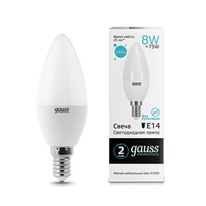 1Лампы (источники света) лампа светодиодная led 8вт e14 220в 4100к elementary свеча | 33128 | gauss выгодная цена