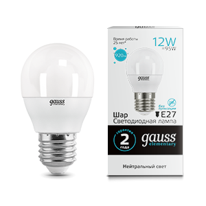 1Лампы (источники света) лампа светодиодная led elementary шар 12w 920lm e27 4100k | 53222 | gauss выгодная цена