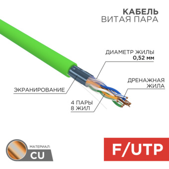 1Кабель витая пара (UTP, FTP) кабель витая пара f/utp, cat 5e, нг(а)-hfltx, 4х2х0,52мм, 24awg, indoor, solid, зеленый, 305м | 01-0162 | rexant выгодная цена