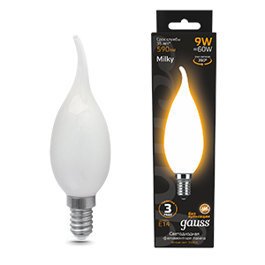 1Лампы (источники света) лампа светодиодная filament свеча на ветру 9w 590lm 3000к е14 milky led 1/10/50 | 104201109 | gauss выгодная цена