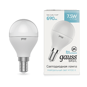 1Лампы (источники света) лампа светодиодная basic шар 7,5w 690lm 4100k e14 led 1/10/100 | 1053128 | gauss выгодная цена