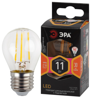 1Лампы (источники света) лампа светодиодная f-led p45-11w-827-e27 (филамент, шар, 11вт, тепл, e27) | б0047013 | эра выгодная цена