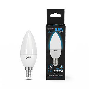 1Лампы (источники света) лампа светодиодная свеча 6.5w 550lm 6500к e14 led 1/10/100 | 103101307 | gauss выгодная цена