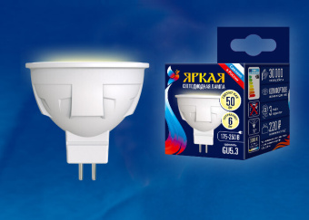 1Лампы (источники света) лампа светодиодная led-jcdr 6w/ww/gu5.3/fr plp01wh led. «jcdr», матовая. серия яркая, пр-во россия, 3000k | ul-00002424 | uniel выгодная цена