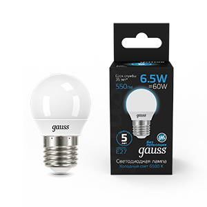 1Лампы (источники света) лампа светодиодная шар 6.5w 550lm 6500k e27 led 1/10/100 | 105102307 | gauss выгодная цена