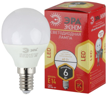 1Лампы (источники света) лампа cветодиодная eco led p45-6w-827-e14 (диод, шар, 6вт, тепл, e14) (10/100/4000) | б0020626 | эра выгодная цена
