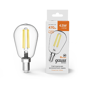 1Лампы (источники света) лампа светодиодная basic filament st45 4,5w 470lm 2700к е14 led 1/10/50 | 1141115 | gauss выгодная цена