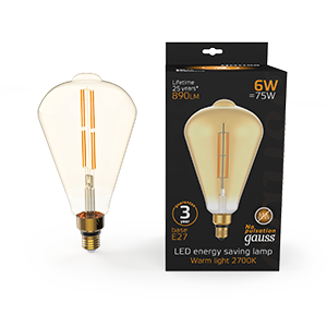1Лампы (источники света) лампа светодиодная led vintage filament straight st164 6w e27 164*297mm amber 890lm 2700k 1/6 | 157802118 | gauss выгодная цена