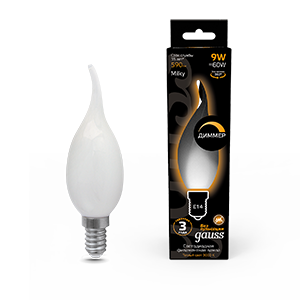 1Лампы (источники света) лампа светодиодная filament свеча на ветру 9w 590lm 3000к е14 milky диммируемая led 1/10/50 | 104201109-d | gauss выгодная цена