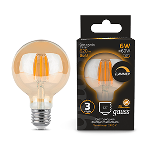 1Лампы (источники света) лампа светодиодная filament g95 6w 620lm 2400к е27 golden диммируемая | 105802006-d | gauss выгодная цена