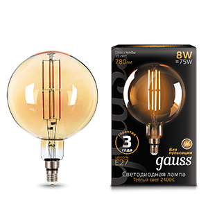 1Лампы (источники света) лампа светодиодная led vintage filament g200 8w e27 200*300mm amber 780lm 2400k 1/6 | 153802008 | gauss выгодная цена