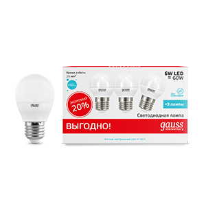 1Лампы (источники света) лампа светодиодная elementary шар 6w 4100k e27 (3 лампы в упаковке) led 1/40 | 53226t | gauss выгодная цена