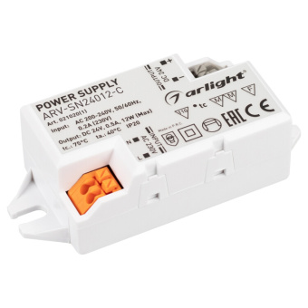 1Ленты светодиодные блок питания arv-sn24012-c (24v, 0.5a, 12w) (arlight, ip20 пластик, 3 года) | 021020(1) | arlight выгодная цена
