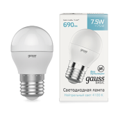 Лампы (источники света) лампа светодиодная basic шар 7,5w 690lm 4100k e27 led 1/10/100 | 1053228 | gauss выгодная цена