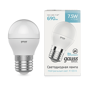 1Лампы (источники света) лампа светодиодная basic шар 7,5w 690lm 4100k e27 led 1/10/100 | 1053228 | gauss выгодная цена